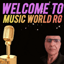 a man with glasses is standing in front of a sign that says welcome to music world rg please que everyone