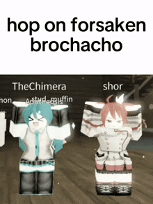 a picture of two anime characters with the words hop on forsaken brochacho
