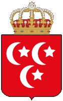 a red coat of arms with three white stars and a crown on top
