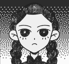 a black and white drawing of a girl with pigtails and a sad look on her face
