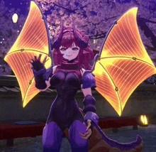 a girl with horns and wings is wearing a black bodysuit