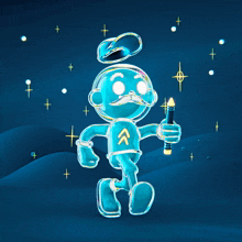 a blue cartoon character with a mustache and a hat