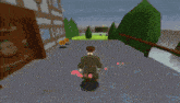 a video game shows a man running in a field with boxes in the background including one that has the letter l on it