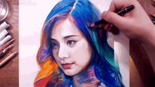 a drawing of a woman with blue hair is being drawn by a person with a pen