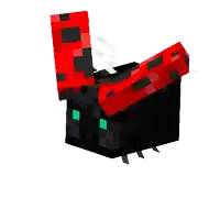 a black and red minecraft bug with green eyes and a red wing