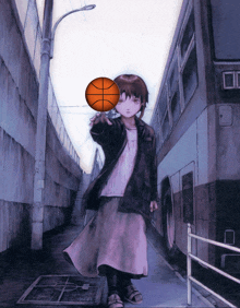a girl is holding a basketball on her head in front of a bus