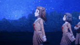 a group of anime girls are standing in front of a starry sky