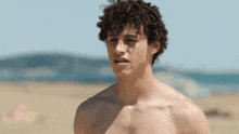 a young man without a shirt is standing on the beach .