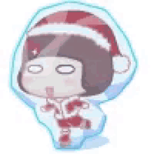 a cartoon girl wearing a santa hat and scarf is covered in snow .