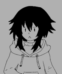 a black and white drawing of a girl with a hoodie