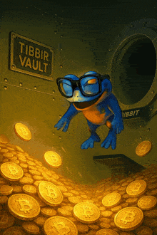 a frog wearing glasses is surrounded by gold coins and a sign that says tibbir vault
