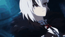 a girl with white hair and red eyes is wearing a black fur coat