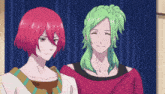 a girl with red hair and a boy with green hair are standing next to each other