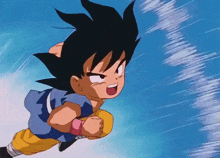 a cartoon character flying through the air with a blue sky in the background