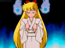 a cartoon of a girl in a white kimono with a red bow