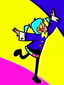 a cartoon drawing of a girl with blue hair holding a book