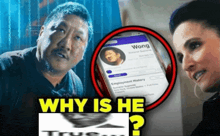 a man and a woman are standing next to a phone with wong on the screen