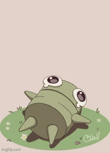 a cartoon frog is laying in the grass with the words i love above it