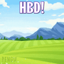 a green field with mountains in the background and the words hbd in purple