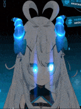 a close up of a girl 's face with glowing eyes and a sign that says akugak