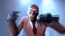 a cartoon character in a suit and tie is pointing at the camera while holding two guns .