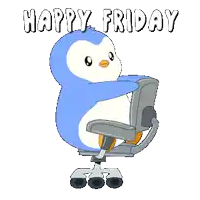 a penguin is sitting in an office chair with the words happy friday behind it