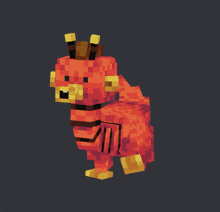 a pixel art drawing of a red animal with horns and a yellow nose
