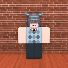 a cartoon character with horns and a mustache standing in front of a brick wall