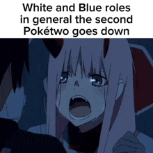 a picture of a girl with her mouth open and the words `` white and blue roles in general the second poketwo goes down '' .