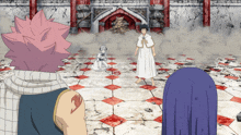 a group of anime characters are standing in front of a castle