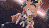 a girl with cat ears is holding a microphone in her hand
