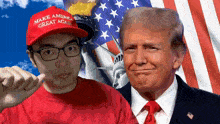 a man wearing a red make america great again hat