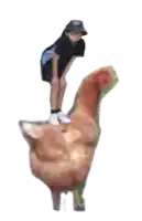 a boy is standing on top of a chicken .