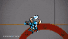 a pixel art of a man with horns and the words " screw attack " on the bottom