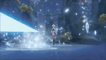 a video game character is standing in the water with a sword in her hand ..
