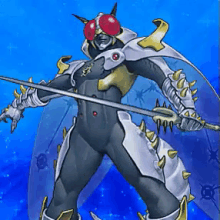 a cartoon drawing of a monster with a sword and shield