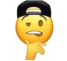 a yellow smiley face wearing a black baseball cap is holding its hand to its chin .