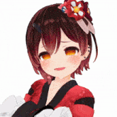 a red haired anime girl with a flower in her hair is crying