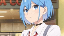 a girl with blue hair and a choker is standing in front of a store