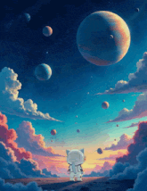 a cat in a space suit is looking up at the planets in the sky