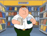 a cartoon of peter griffin in a comedy section of a book store