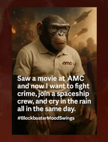 a poster of a chimpanzee wearing glasses and a shirt that says amc on it