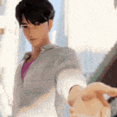 a man in a plaid shirt is reaching out his hand towards someone