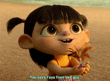 a little girl is holding a plant and says you save yaya from bad guy