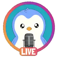 a penguin is talking into a microphone with the word live in the corner