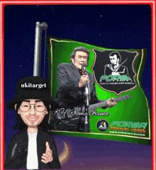 a picture of a man holding a guitar and singing into a microphone with the word forsa on it