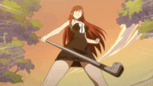 a woman in a black dress is holding a golf club that says ' r ' on it