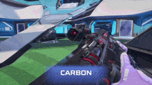 a person holding a rifle with the word carbon on the bottom right