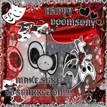 a happy doomsday greeting card with a clock and masks