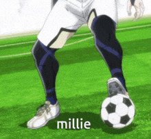 a person kicking a soccer ball with the word millie written on the ground